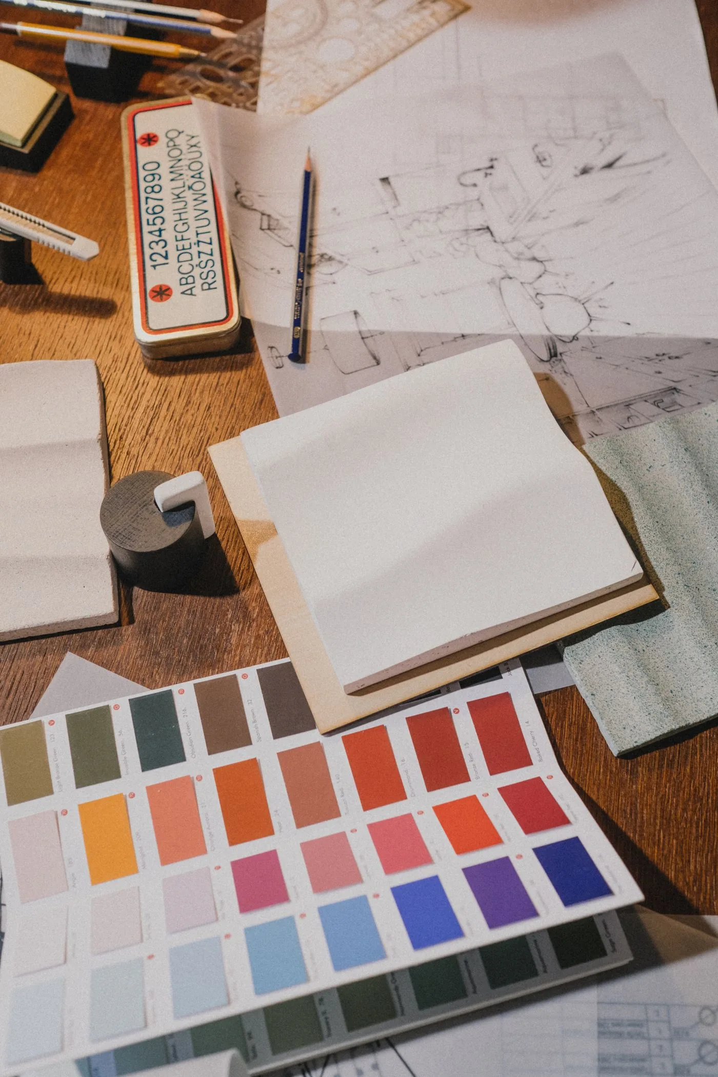 Drawing tools and design materials arranged on a desk